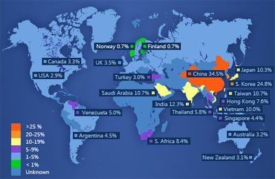 Map of IE6 usage around the world.