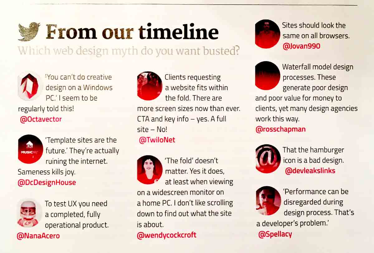 Printed list of web myths from Twiter; Net Magazine, Issue 274, December 2015
