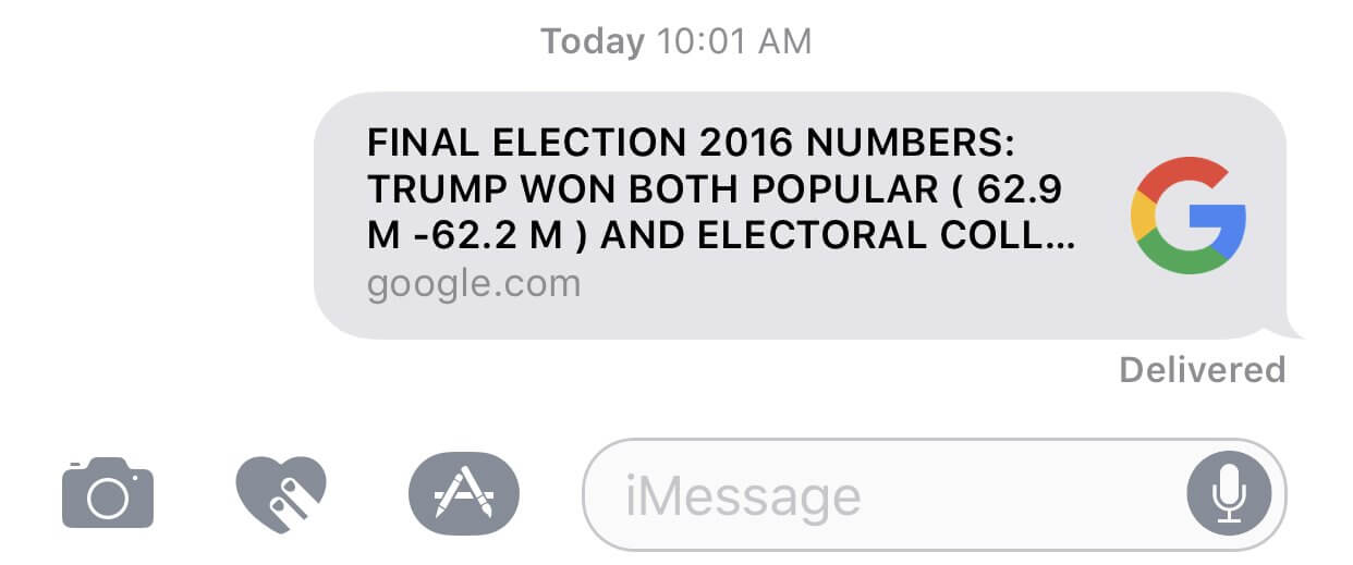 A Google headline alert with the text “Final election 2016 numbers: Trump won both popular (62.9M - 62.2M) and electoral coll…”.