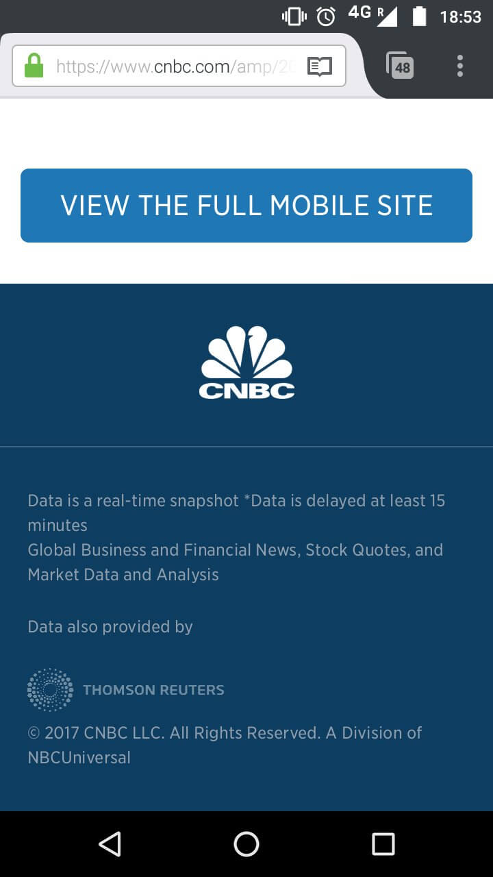 Screen shot of the CNBC mobile amp page showing the footer with a giant link at the bottom to “View the full mobile site”.