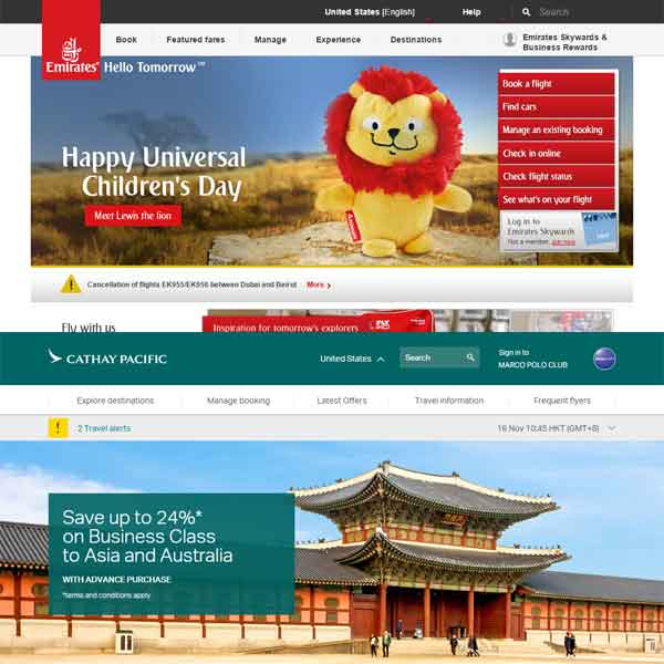 Emirates and Cathay Pacific web site home pages.