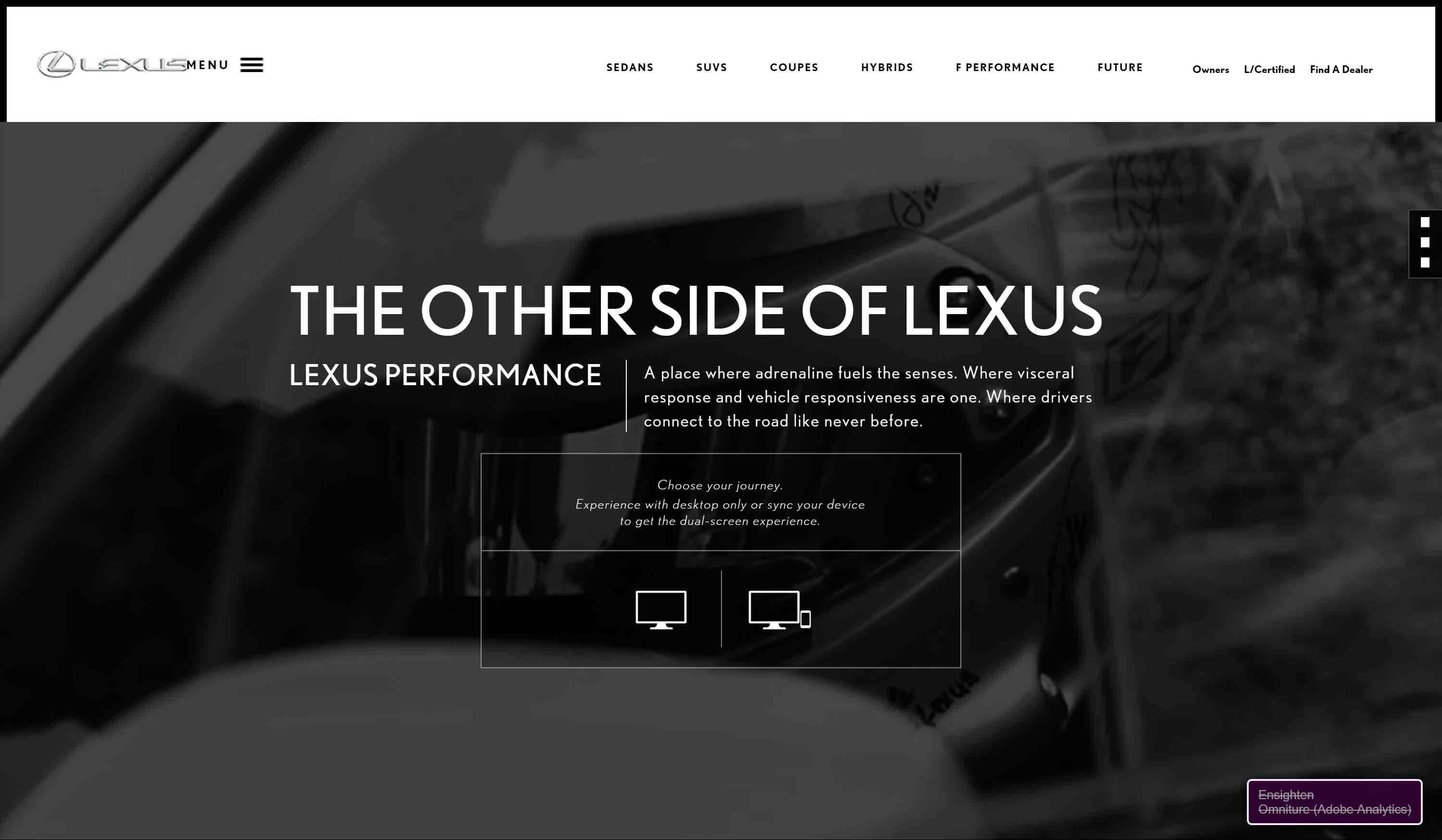 Lexus Performance site home page during flash of menu at load.