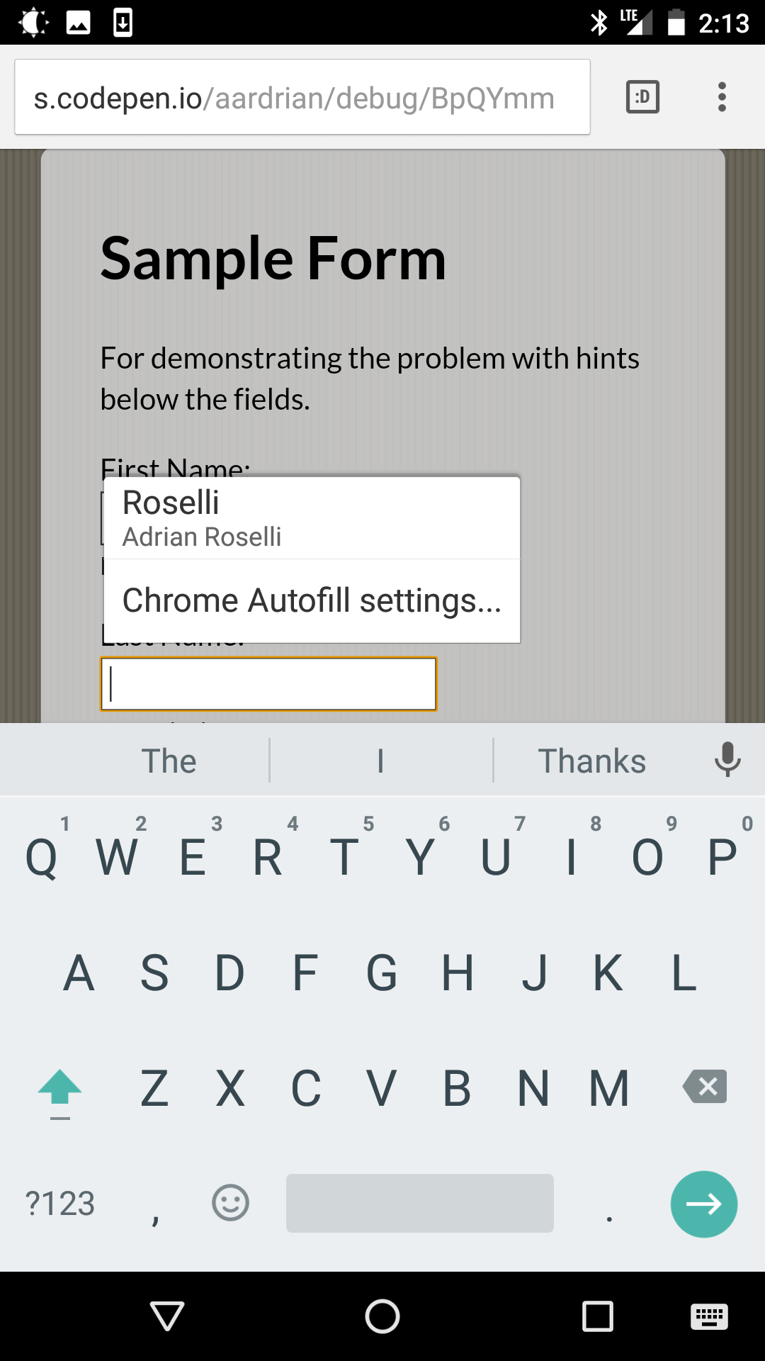 Screen shot from Chrome on Android showing the on-screen keyboard hiding the text below the field.