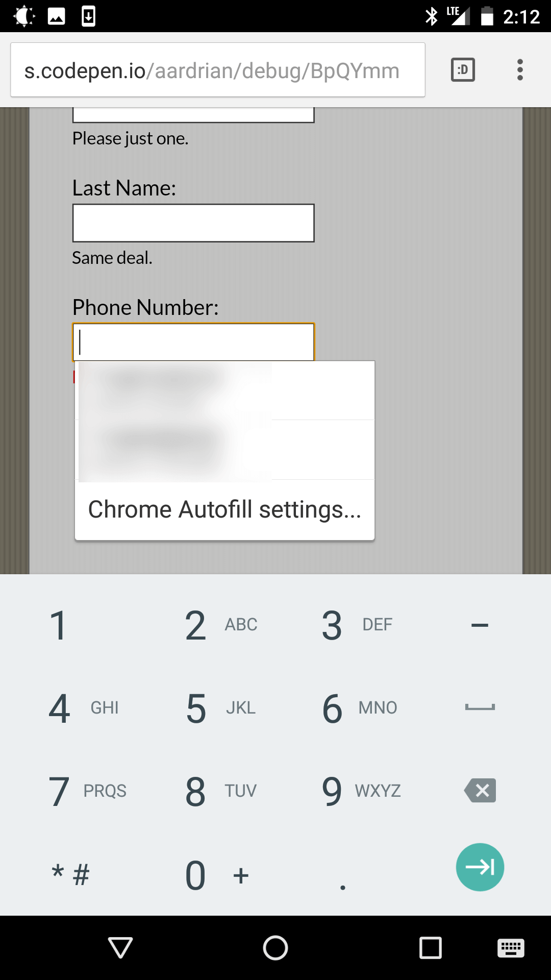 Screen shot from Chrome on Android showing auto-complete on the third field.