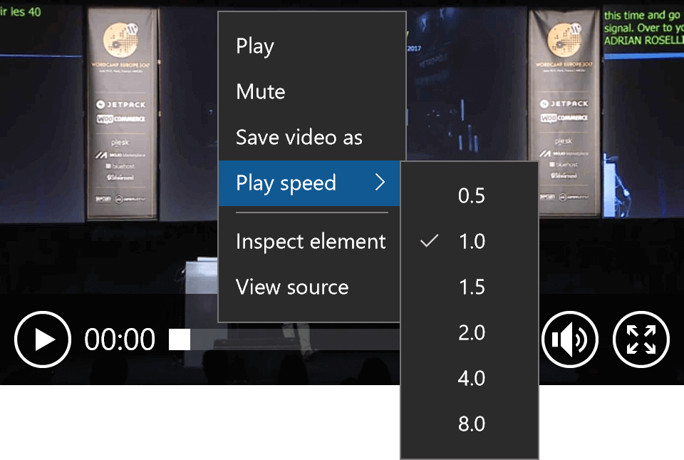 Screen shot of the video playback speed context menu in Edge.