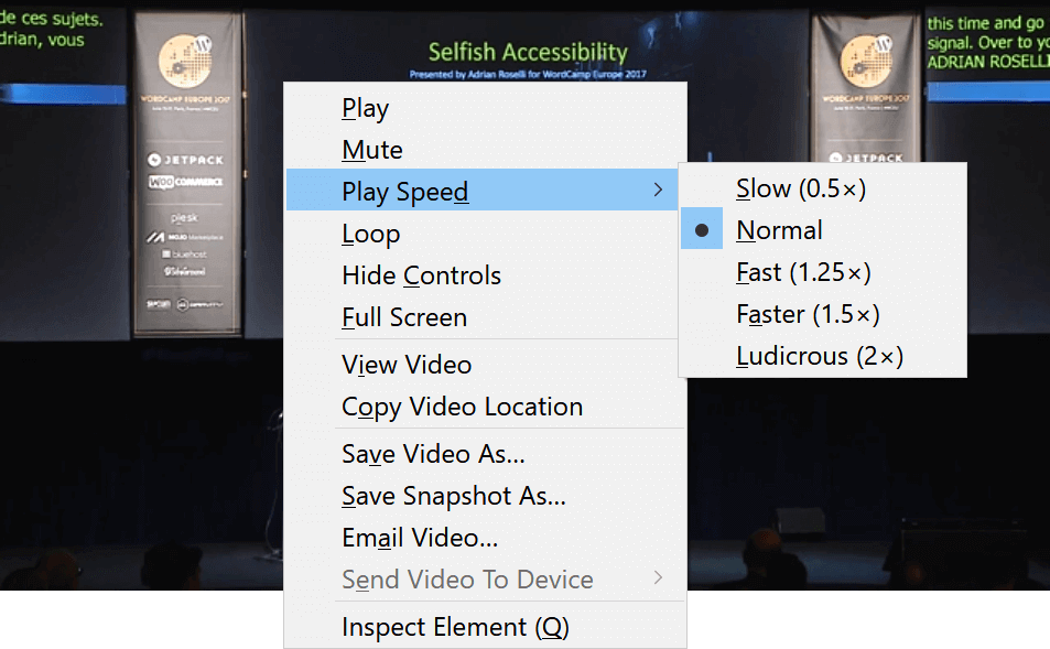 Screen shot of the video playback speed context menu in Firefox.