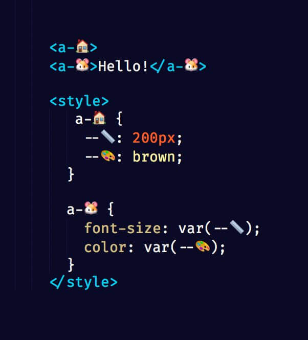 Screen shot from a CodePen showing emoji used as CSS variable names.
