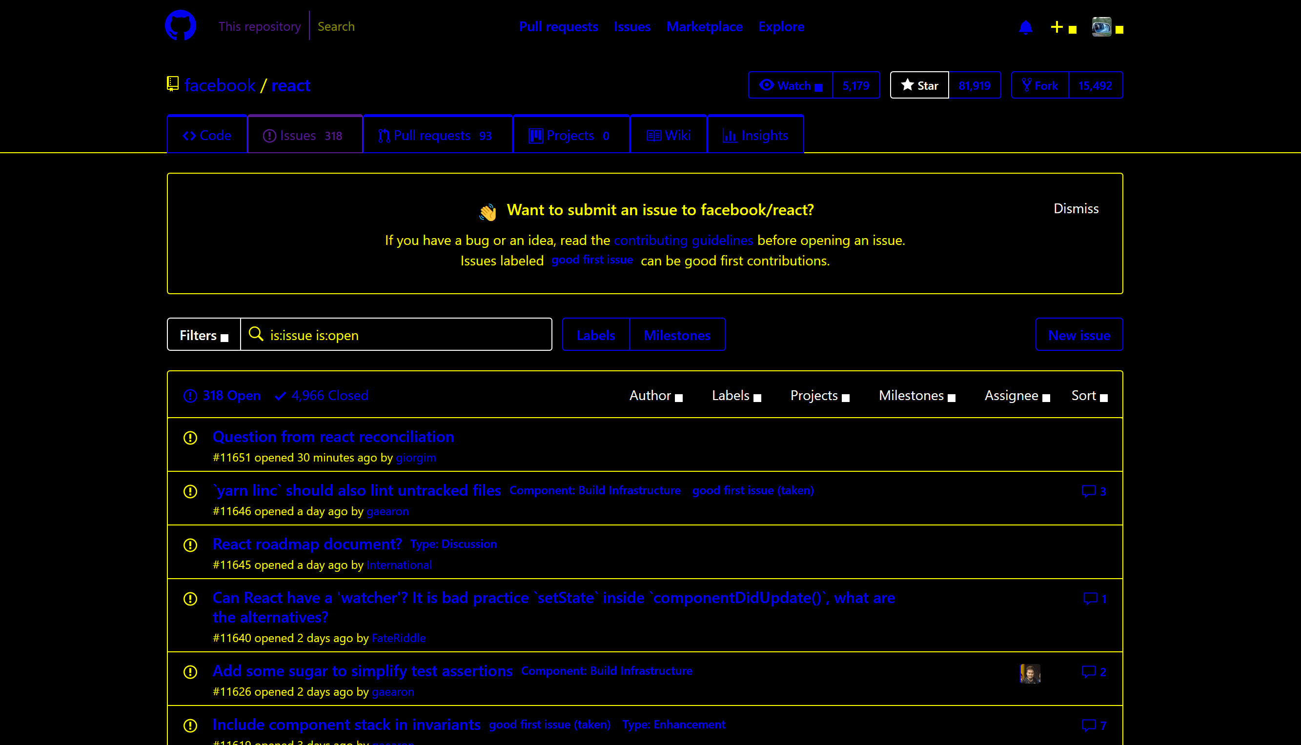 The same GitHub page as seen in Firefox 57 using Windows High Contrast Mode.