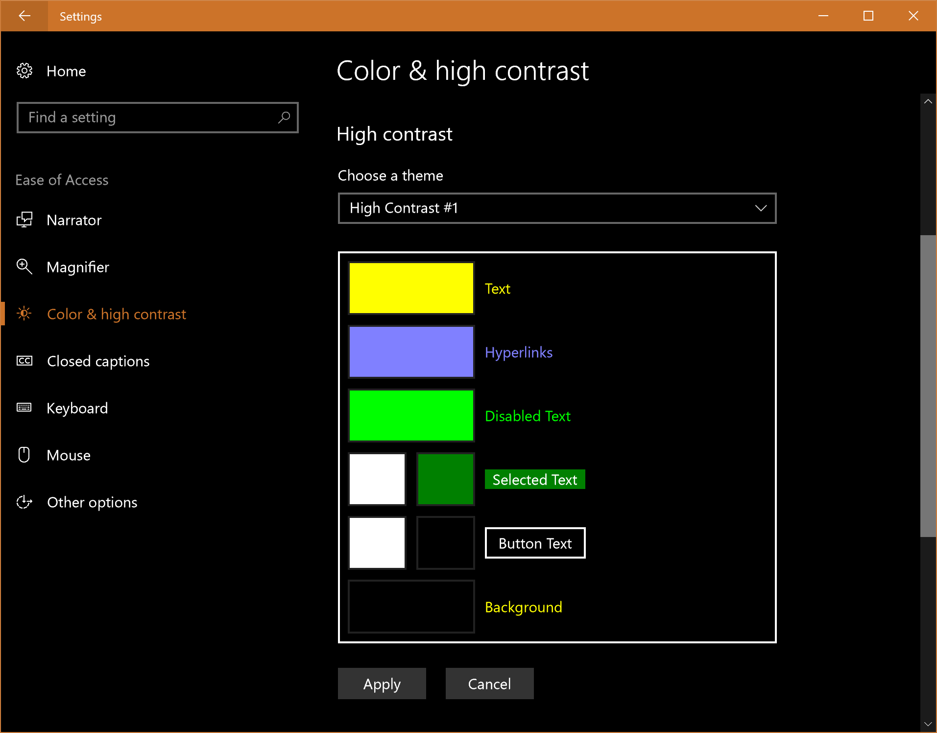 Windows 10 (Fall 2017 Creators Update) high contrast mode settings dialog.