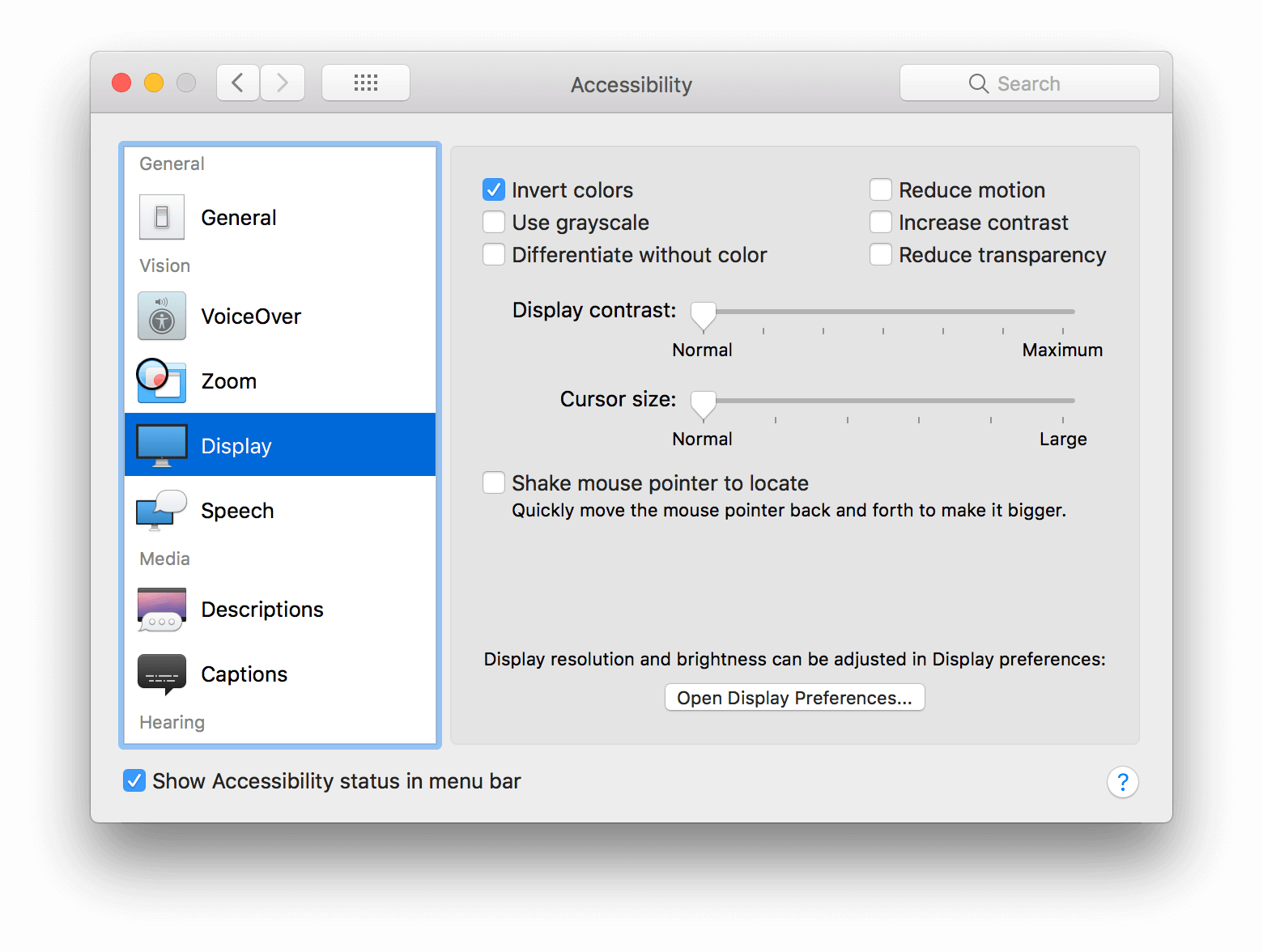 macOS (HighSierra) invert color settings dialog.