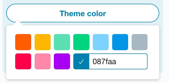 Theme color button activated, showing 10 preset colors and an input field where you can enter your own hex color code. The color #087faa has been provided.