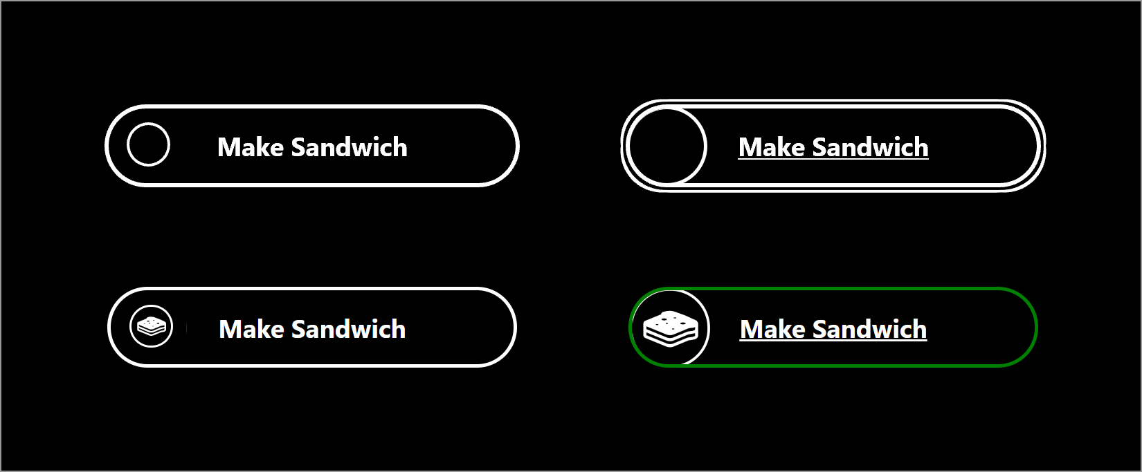 4 versions of the same button, all with a black background and monochromatic styles.