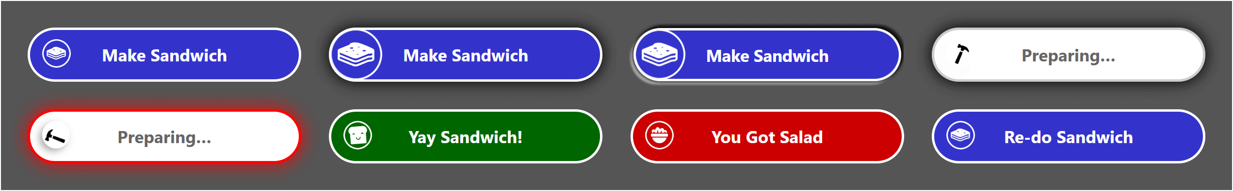 Eight of the different visual styles this button can have based on interaction.